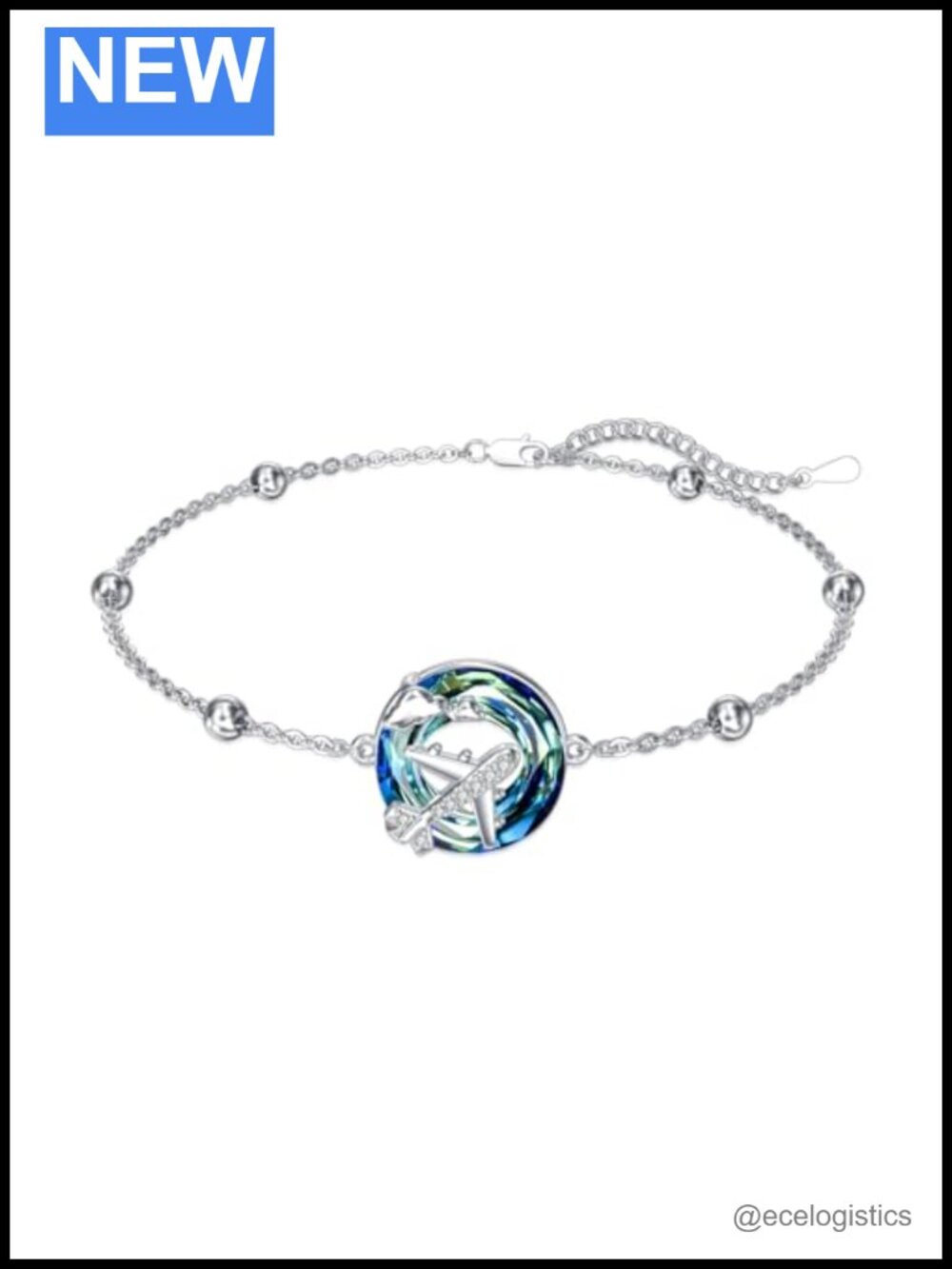 925 Sterling Silver Airplane Link Bracelet Created Crystal Adjustable Chain